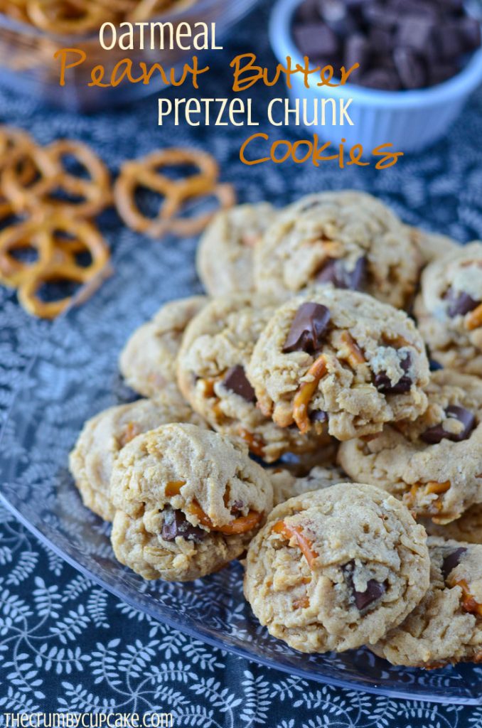 Oatmeal Peanut Butter Pretzel Chunk Cookies | A fun mix of classically favorite snack foods - peanut butter pretzels & chocolate chunk granola bars. Would it be a stretch to call them healthy??