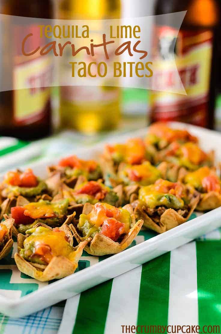 Tequila Lime Carnitas Taco Bites | Slow-cooked pork, infused with tequila, lime, and spices, then stuffed in to a two bite taco shell. A great snack for the big game! 