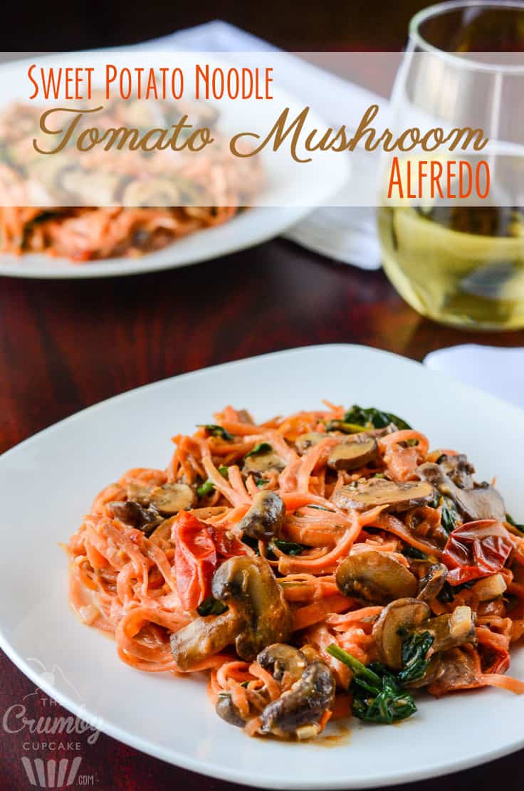 Sweet Potato Noodle Tomato Mushroom Alfredo | A lightened up, gluten free, vegetarian spin on the delicious Italian Fettucine Alfredo. Molto bene!