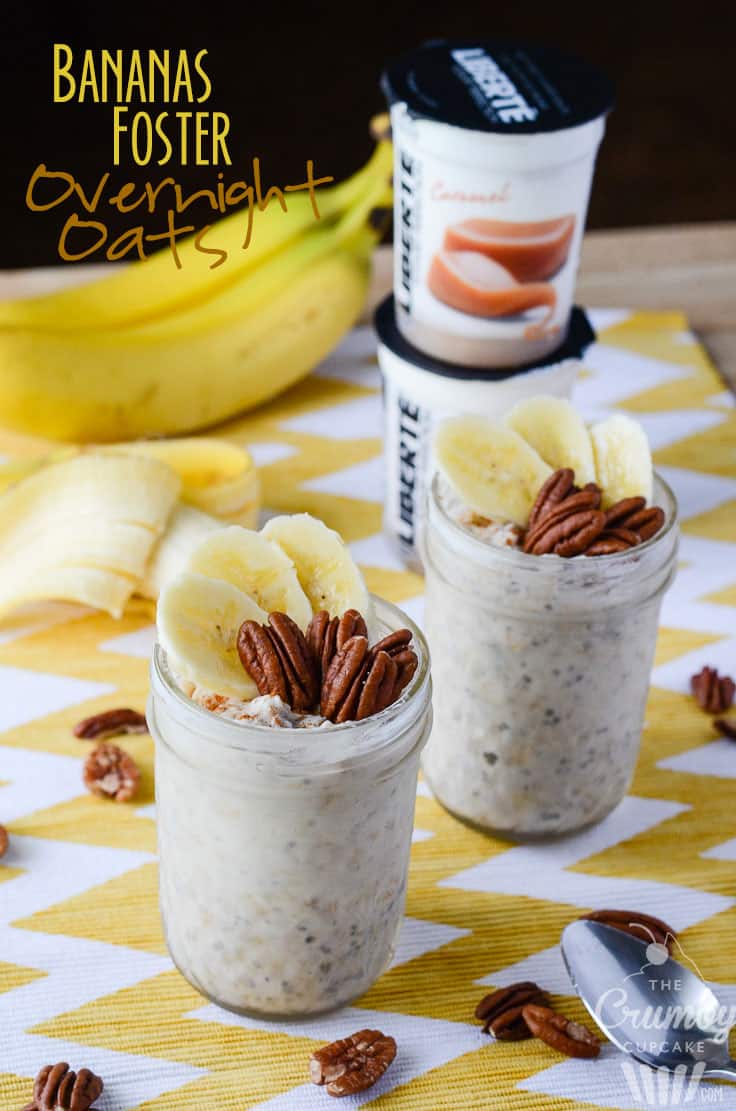 Bananas Foster Overnight Oats | Fresh bananas, a touch of rum extract, crunchy pecans, and delightful caramel yogurt make this on-the-go oatmeal breakfast good enough for dessert!