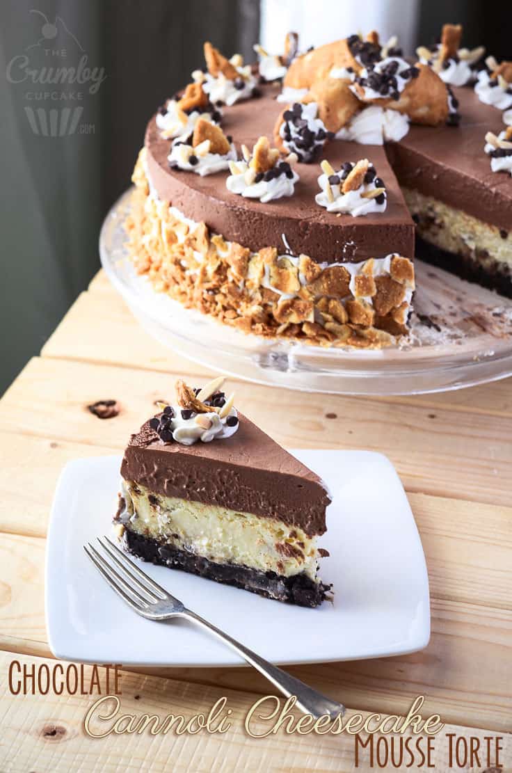 Chocolate Cannoli Cheesecake Mousse Torte | This fantastically decadent cake combines four very different desserts in to one - brownie, cheesecake, cannoli, and chocolate mousse!