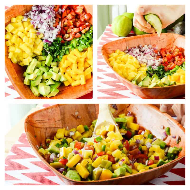 Tropical Avocado Salsa | A slightly spicy, tangy, and sweet avocado salsa, playfully studded with chunks of colorful tomato, pineapple, jalapeno, and mango.