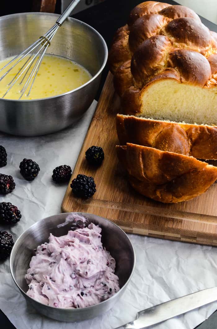 Blackberry Almond Mascarpone Stuffed French Toast | Classic French Toast, filled with a mildly sweet and tart blackberry mascarpone filling, and dredged in a light almond-flavored custard base.