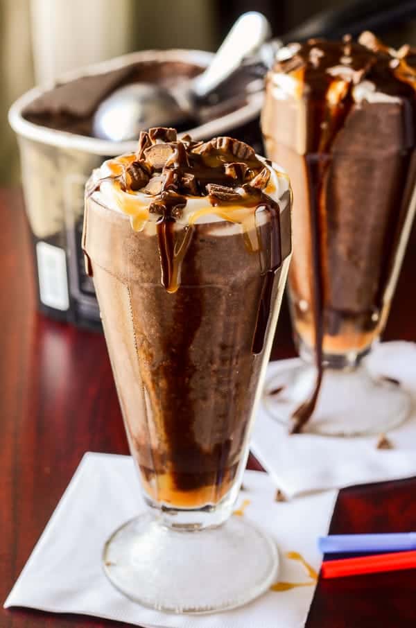 Caramel Peanut Butter Cup Milkshakes | Get the recipe at My Cooking Spot!