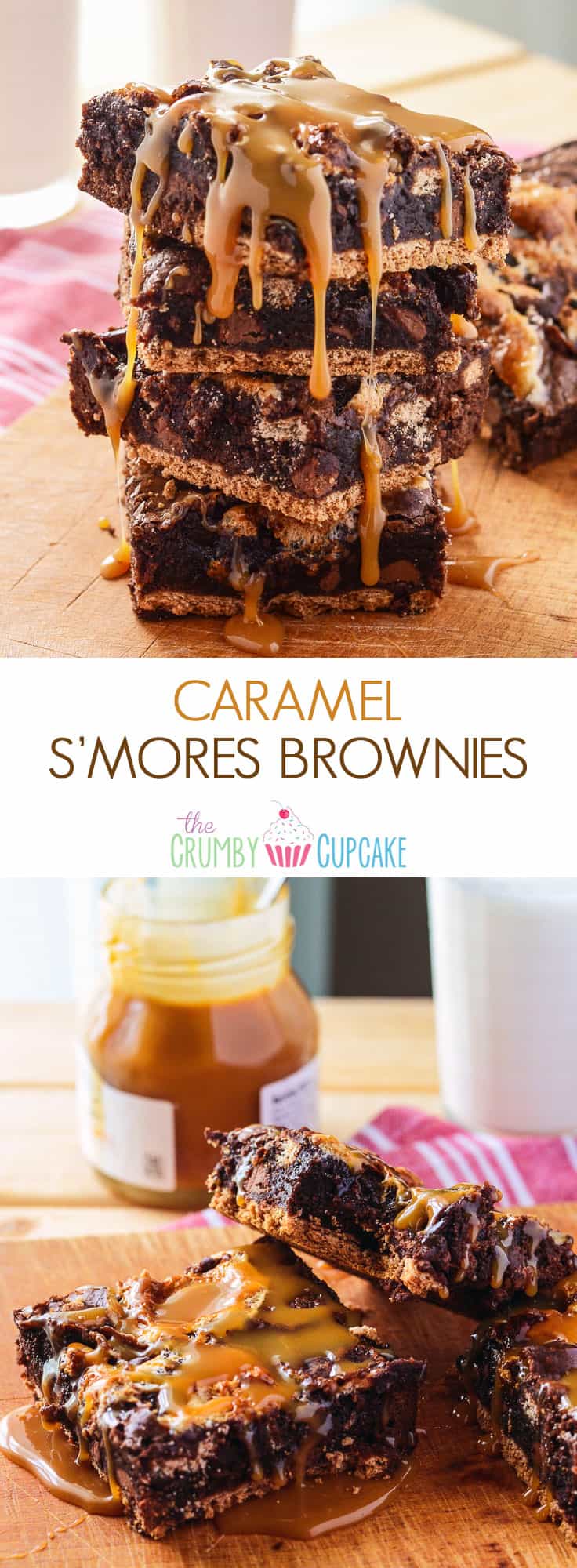Caramel S'mores Brownies | Amazingly easy gooey s'mores brownies, stuffed with caramel, chocolate chunks & marshmallow, set on a graham cracker crust & drizzled with more caramel.