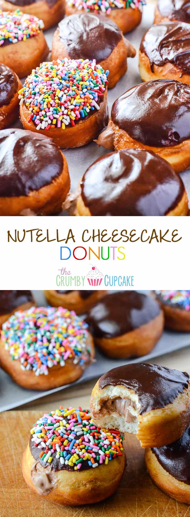 Nutella Cheesecake Donuts | Easy, fried yeast donuts made from scratch, made irresistible by a Nutella cheesecake filling and smooth chocolate ganache topping. Don't forget the sprinkles!