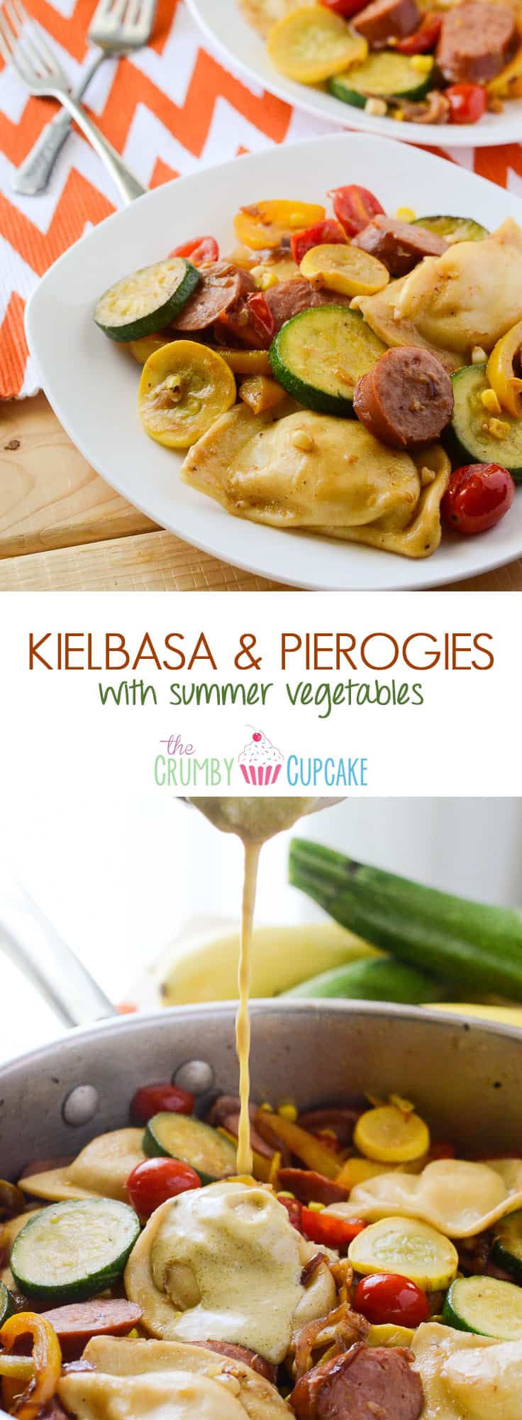 Kielbasa and Pieogies with Summer Vegetables | A summery spin on a Polish classic that's light enough to eat no matter how hot it is! Fresh summer vegetables are sautéed with kielbasa and pierogies, then tossed in a tangy Dijon vinaigrette.