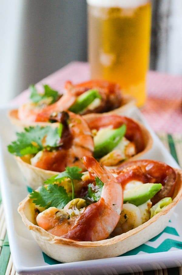 Mexican Caprese with Cilantro Chile Shrimp | A spicy, south-of-the-border twist on an Italian specialty, highlighting the green chile pepper, juicy jumbo shrimp, gooey frying cheese, & creamy avocado. 