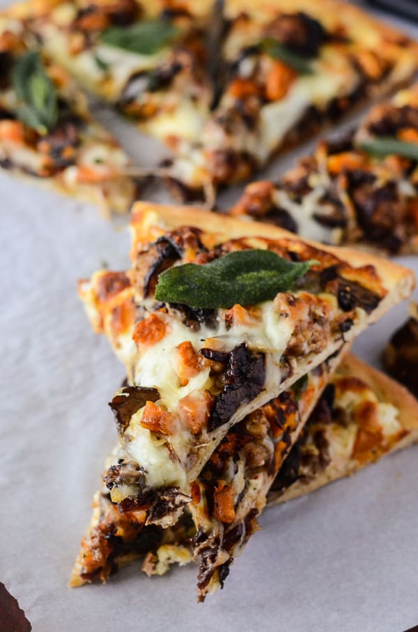 Autumn Sausage & Sweet Potato Pizza | The warmest, heartiest, yummiest, most autumny-est pizza without red sauce you may ever eat - topped with nothing but the best flavors of fall!