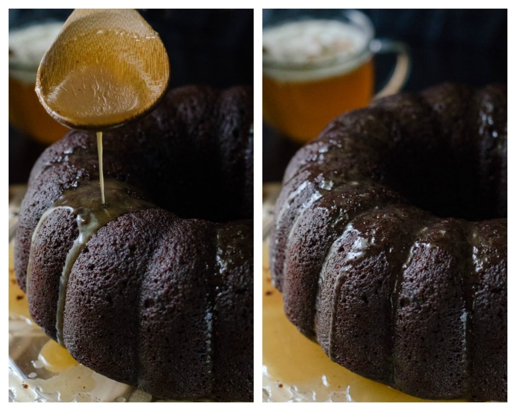 Hot Chocolate Buttered Rum Bundt | This dense chocolate cake is spiced and flavored like a mug of Hot Buttered Rum, then doused in a butter rum glaze - it's the ultimate boozy bundt! 