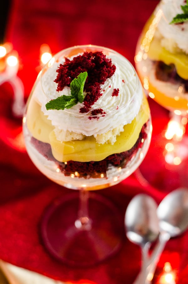 Red Velvet Eggnog Cheesecake Trifle | A quick and easy stunning last minute dessert, made with festive red velvet cake, fresh eggnog pudding, and horchata-spiked whipped cream!
