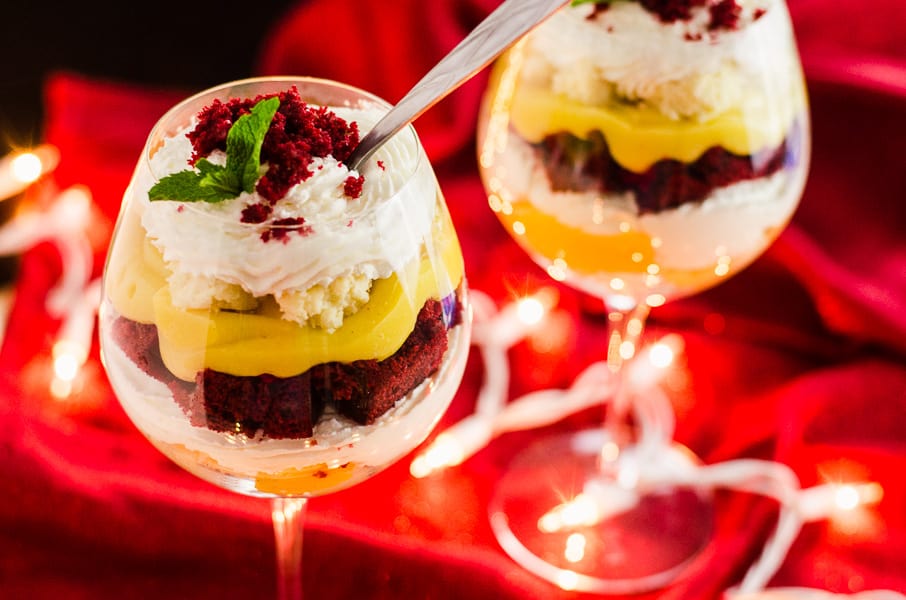 Red Velvet Eggnog Cheesecake Trifle | A quick and easy stunning last minute dessert, made with festive red velvet cake, fresh eggnog pudding, and horchata-spiked whipped cream!