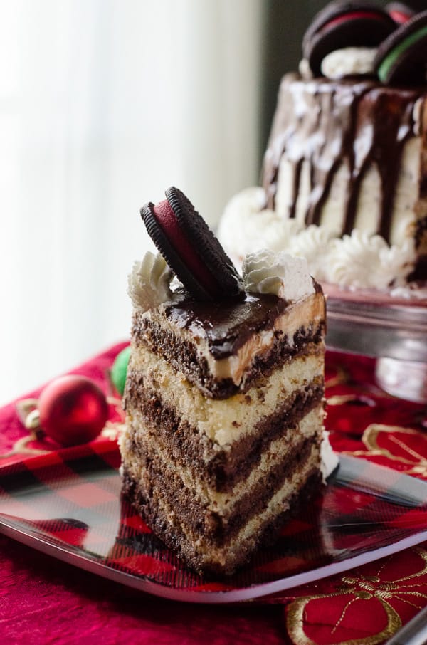Seven-Layer Tuxedo Ganache Cake | Seven alternating layers of vanilla and chocolate cake, filled with whipped ganache, iced in whipped white chocolate ganache, and topped with even more ganache. Can you handle all the chocolate in this ultra-rich dessert??