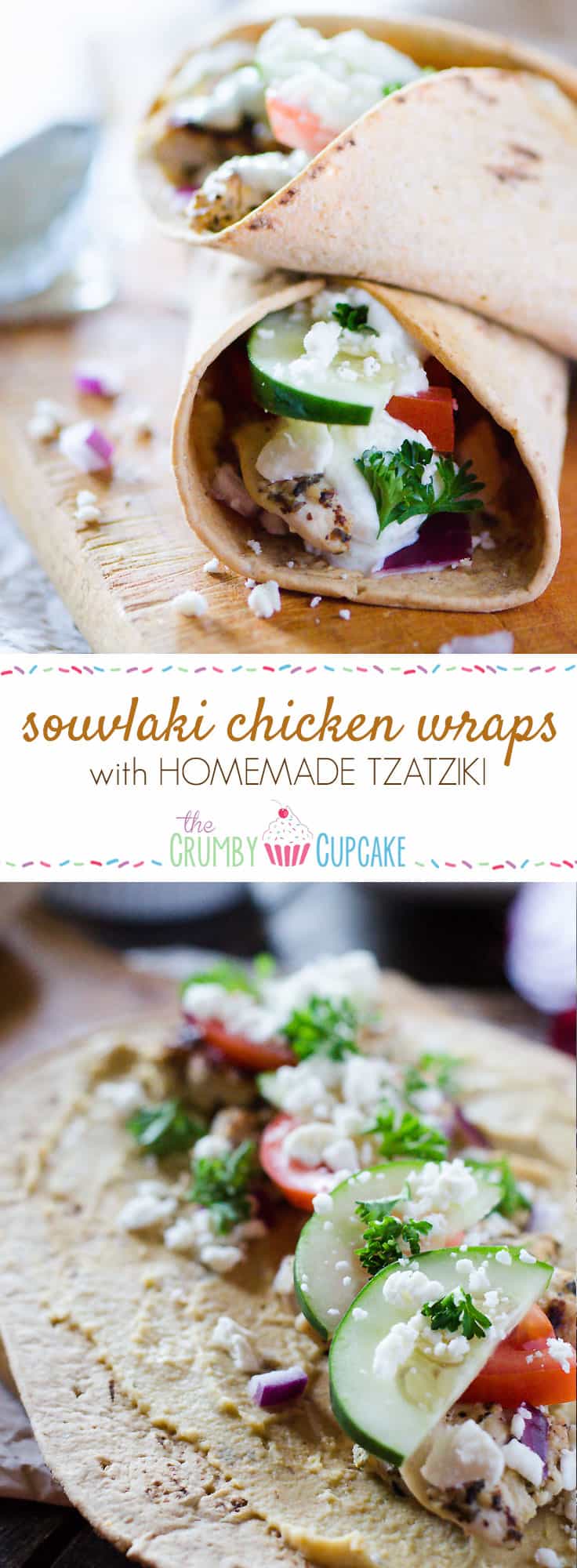 Souvlaki Chicken Wraps with Homemade Tzatziki | Flatbread stuffed with hummus, souvlaki chicken, veggies, feta cheese, and homemade tzatziki, these easy Greek-style wraps are perfect for lunch on the go or a fun #SundaySupper!