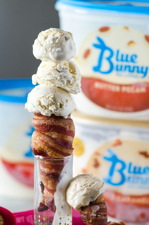 BaCones! (Bacon Ice Cream Cones) | Salty and sweet takes on a whole new meaning when you pair easy-to-make cone shaped bacon with Blue Bunny® ice cream! What a different twist on a springtime treat!