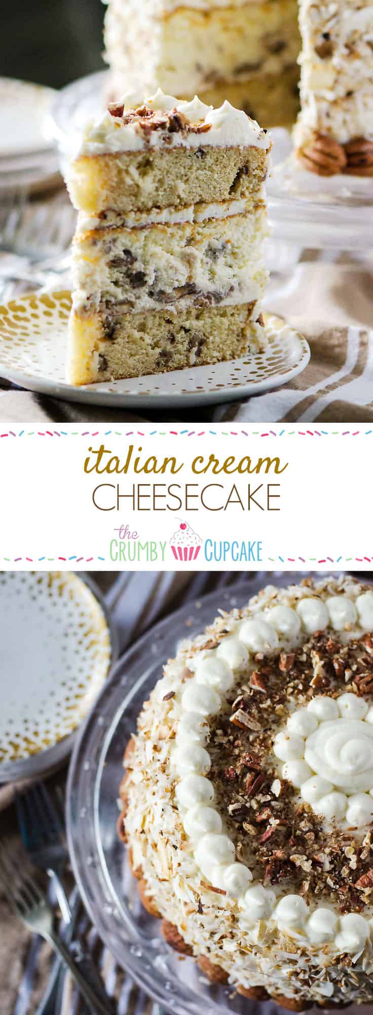 Italian Cream Cheesecake | Two layers of classic Italian Cream Cake and a complementary layer of coconut pecan cheesecake sandwiched in the middle make for one amazing dessert! Così bello!