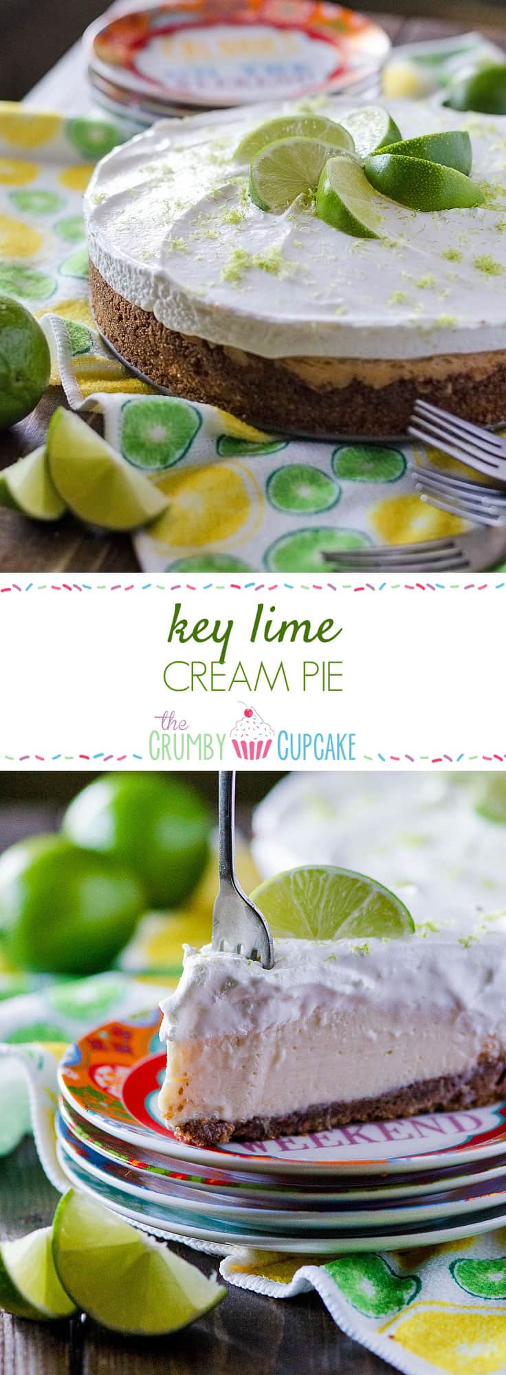 Key Lime Cream Pie | Sweet and tangy key lime filling, nestled in an almond graham cracker crust and topped with a generous helping of fresh whipped cream - the perfect Florida pie! 