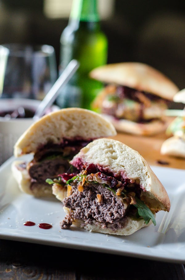 Get fancy with your grillin' and sink your teeth into a Cherry Cabernet Burger! Bacon and Cabernet-infused beef patties, topped with melty Gouda, peppery arugula, caramelized onions, and a roasted balsamic cherry & poblano chutney.