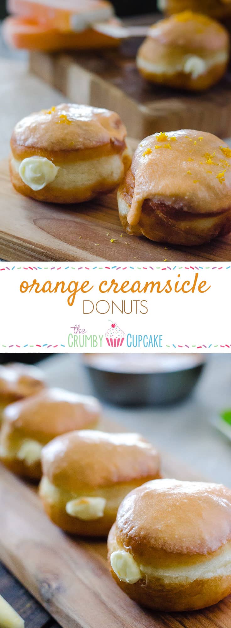 Orange Creamsicle Donuts | Your favorite childhood popsicle in donut form! Fried yeast donuts, stuffed with orange cream cheese filling, and topped with orange glaze.