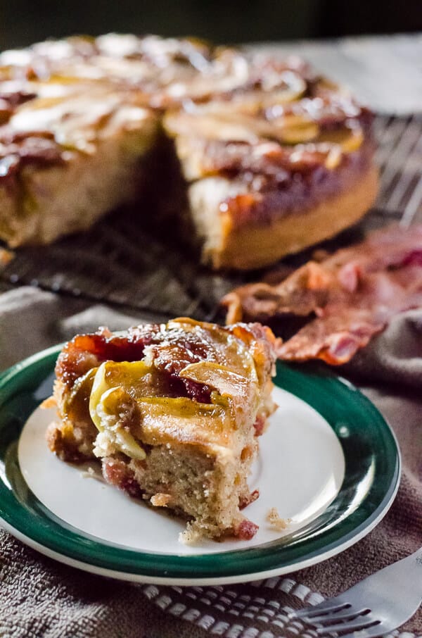 Fall flavors take center stage in this Spiced Apple Bacon Upside Down Cake! Maple-kissed apples and thick-sliced bacon top a simple bacon-infused spice cake - it's a treat perfect for any time of day!