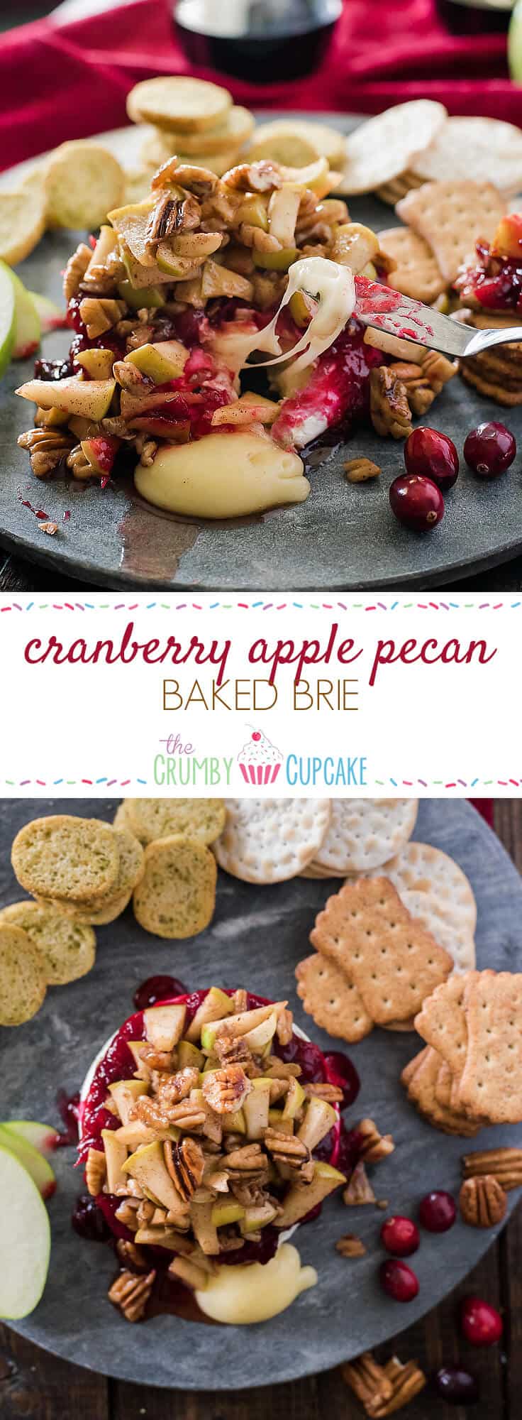 This simple Cranberry Apple Pecan Baked Brie combines tart, sweet, and savory to create an elegant holiday crowd pleaser!
