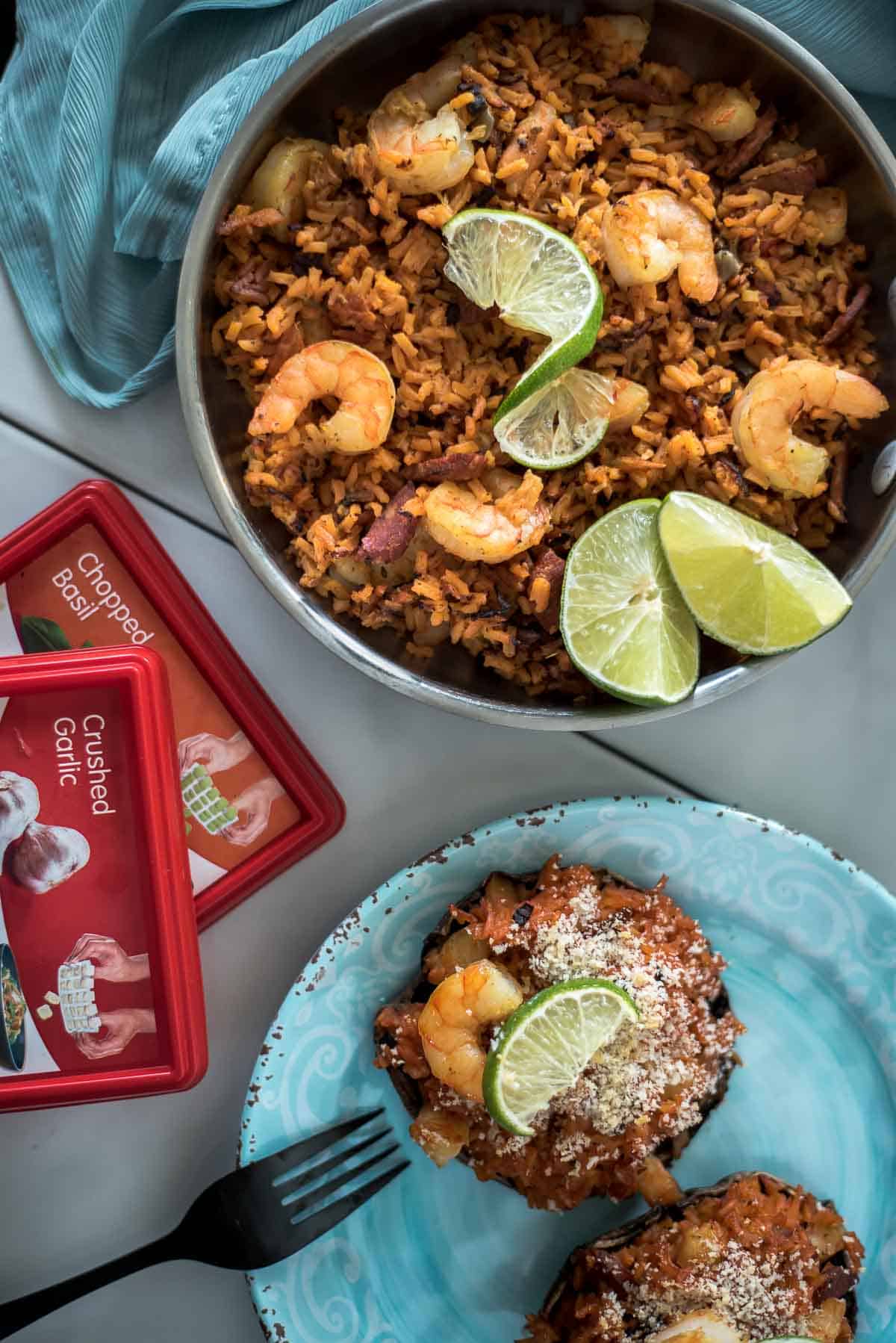 Jazz up your weeknight dinner with these Easy Paella Stuffed Portobello Mushrooms! Perfect 30-minute shrimp & chorizo paella baked inside giant, satisfying mushroom caps is a great way to increase veggies and decrease starches.