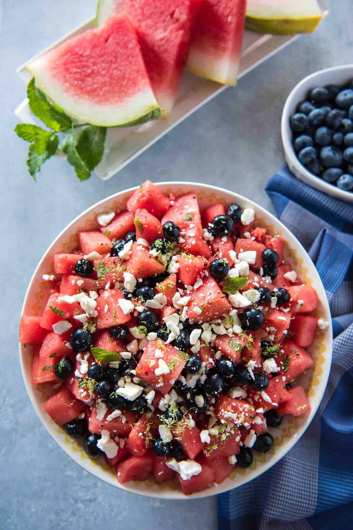 A bit of sweet, a little tart, and a touch of savory, this Blueberry Watermelon Salad is a delightful addition to any summer picnic! Fresh blueberries & watermelon play nicely with lime, feta, and refreshing mint. 