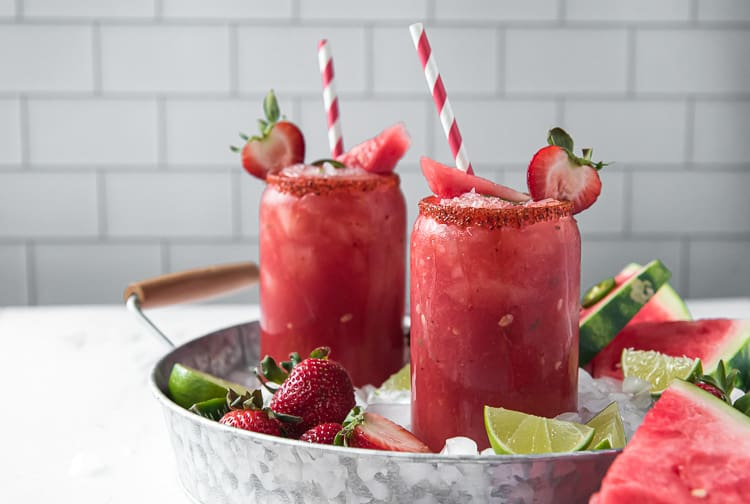 strawberry watermelon margaritas in a serving tray