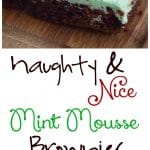 Naughty & Nice Mint Mousse Brownies | Moist and fudgy dark chocolate brownies, topped with a minty, fluffy cloud of mousse and studded with cookie crumbles (naughty) & candy canes (nice)!
