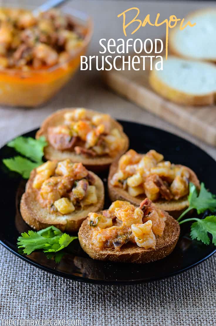 Bayou Seafood Bruschetta | A savory twist on a favorite party snack, this Bayou-inspired seafood bruschetta will leave your guests reaching for seconds and thirds!