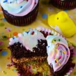 PEEPS® Surprise S'mores Cupcakes | These sweet little chocolate & graham cracker cupcakes contain a secret surprise - they're filled & iced with PEEPS®!