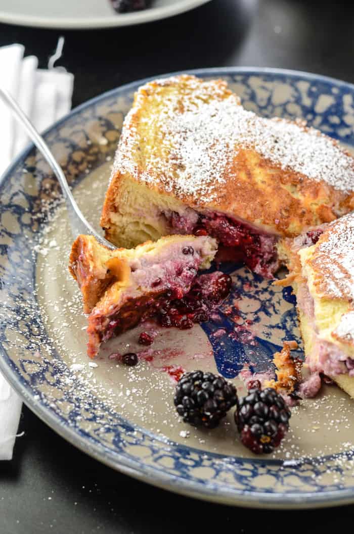 Blackberry Almond Mascarpone Stuffed French Toast | Classic French Toast, filled with a mildly sweet and tart blackberry mascarpone filling, and dredged in a light almond-flavored custard base.