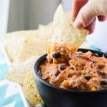 Crockpot Chicken Chili Dip | Dinner served up as an easy appetizer - this chicken chili dip is a scaled down version of the main course, cooked in the crockpot with only 5 ingredients!