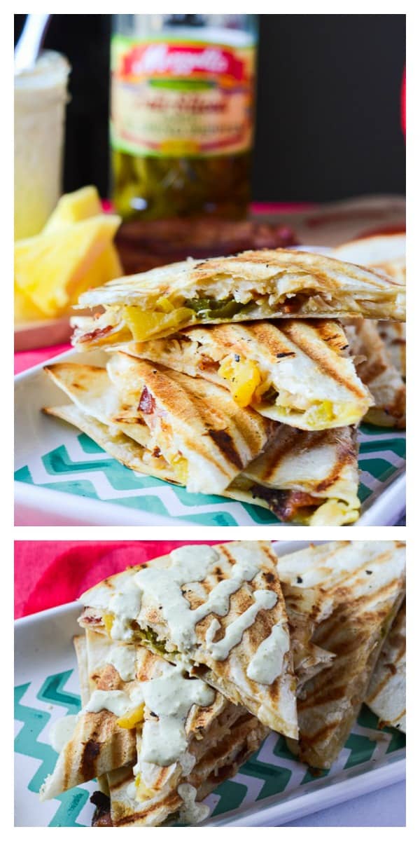 Spicy Pineapple Chicken Quesadillas with Jalapeno Lime Aioli | Caramelized pineapple and crispy bacon give these chicken quesadillas a sweet, smoky flavor, and are given a kick with a spicy jalapeno lime aioli drizzle.