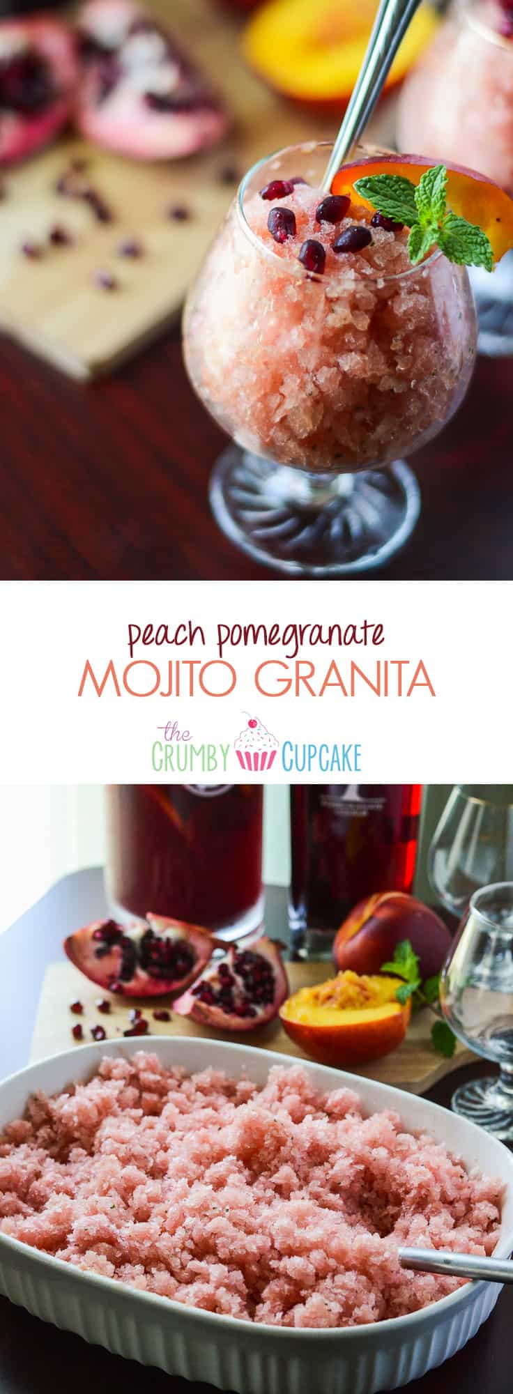 Peach Pomegranate Mojito Granita | Made with fresh mint simple syrup and ripe Georgia peaches marinated in PAMA Pomegranate Liqueur, this fancy shaved Italian ice is a true crowd-pleaser!