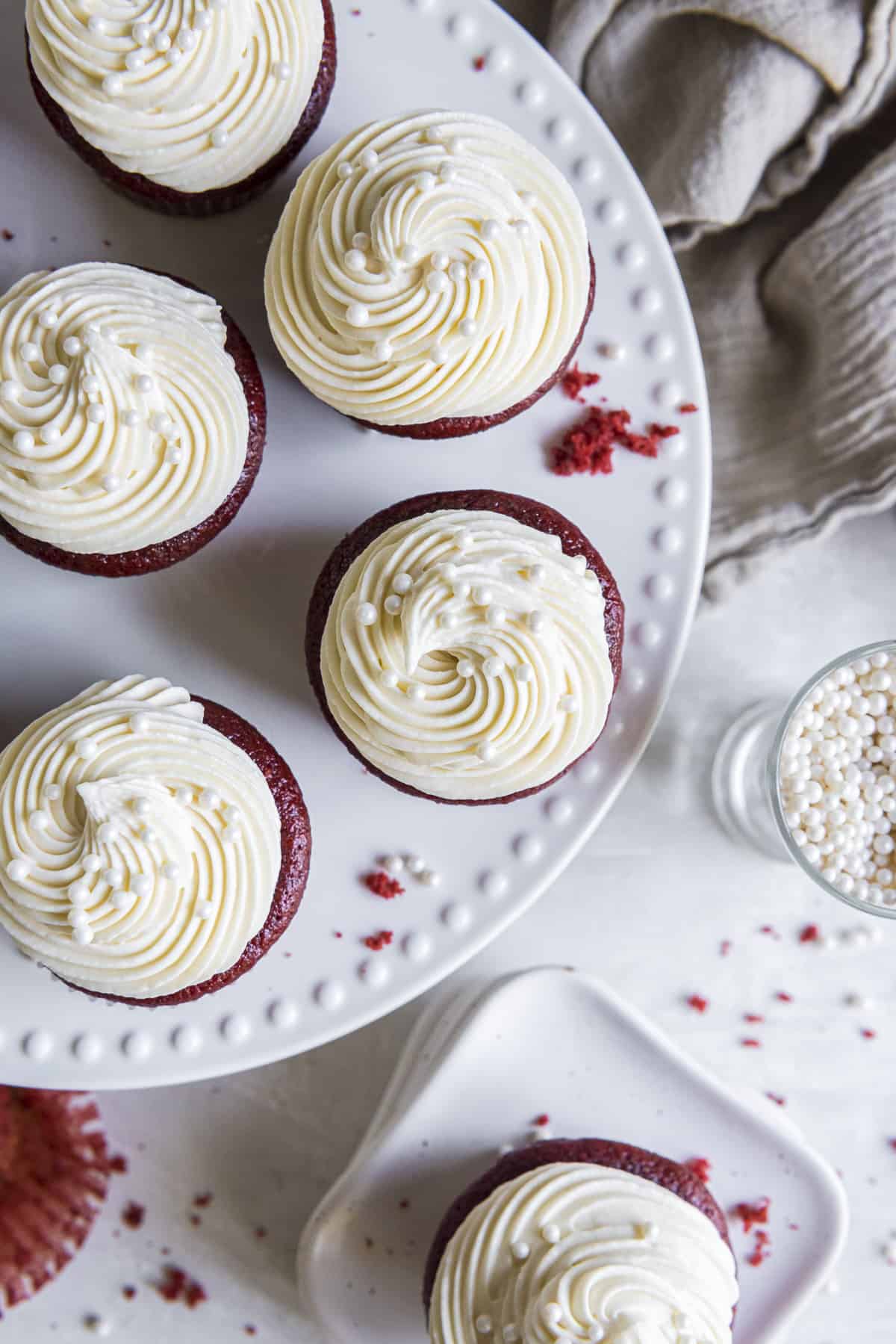 red velvet cupcakes on a cake stand
