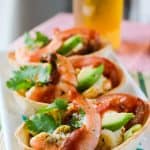 Mexican Caprese with Cilantro Chile Shrimp | A spicy, south-of-the-border twist on an Italian specialty, highlighting the green chile pepper, juicy jumbo shrimp, gooey frying cheese, & creamy avocado.