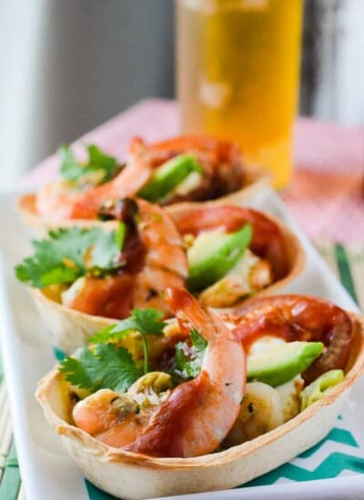 Mexican Caprese with Cilantro Chile Shrimp | A spicy, south-of-the-border twist on an Italian specialty, highlighting the green chile pepper, juicy jumbo shrimp, gooey frying cheese, & creamy avocado.