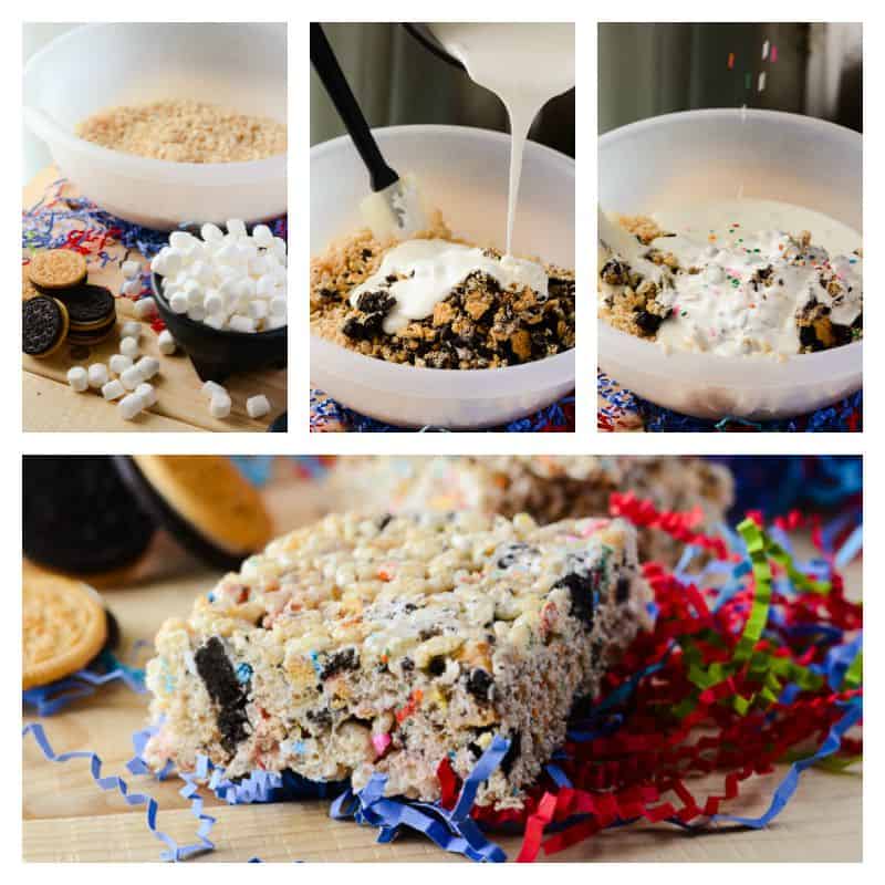 progress photos of how to make Oreo Rice Krispie Treats 