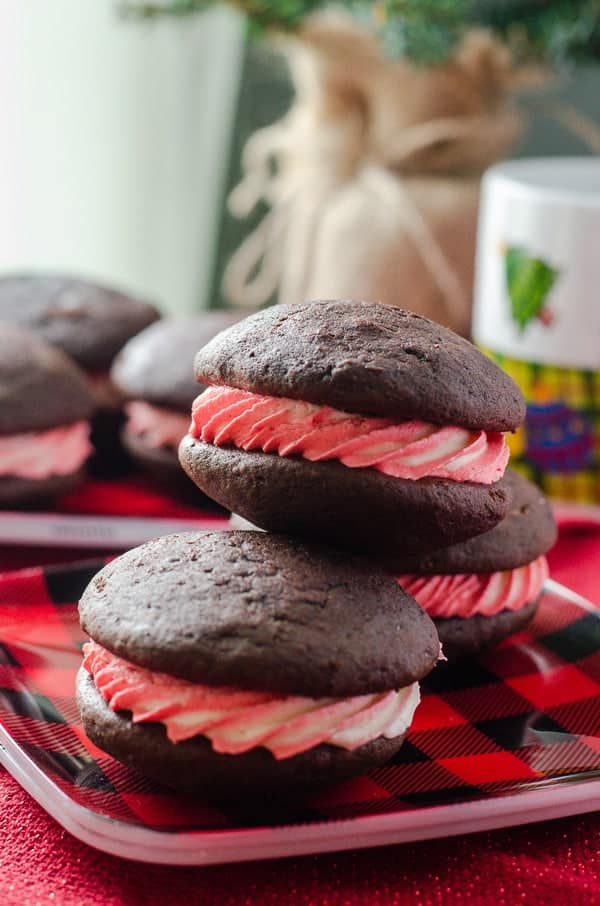 Peppermint Swirl Whoopie Pies | A cool & refreshing winter spin on a traditional Amish cookie, these puffy, cake-like treats are the perfect blend of chocolate and peppermint.