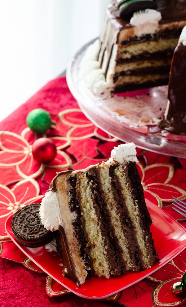Seven-Layer Tuxedo Ganache Cake | Seven alternating layers of vanilla and chocolate cake, filled with whipped ganache, iced in whipped white chocolate ganache, and topped with even more ganache. Can you handle all the chocolate in this ultra-rich dessert??