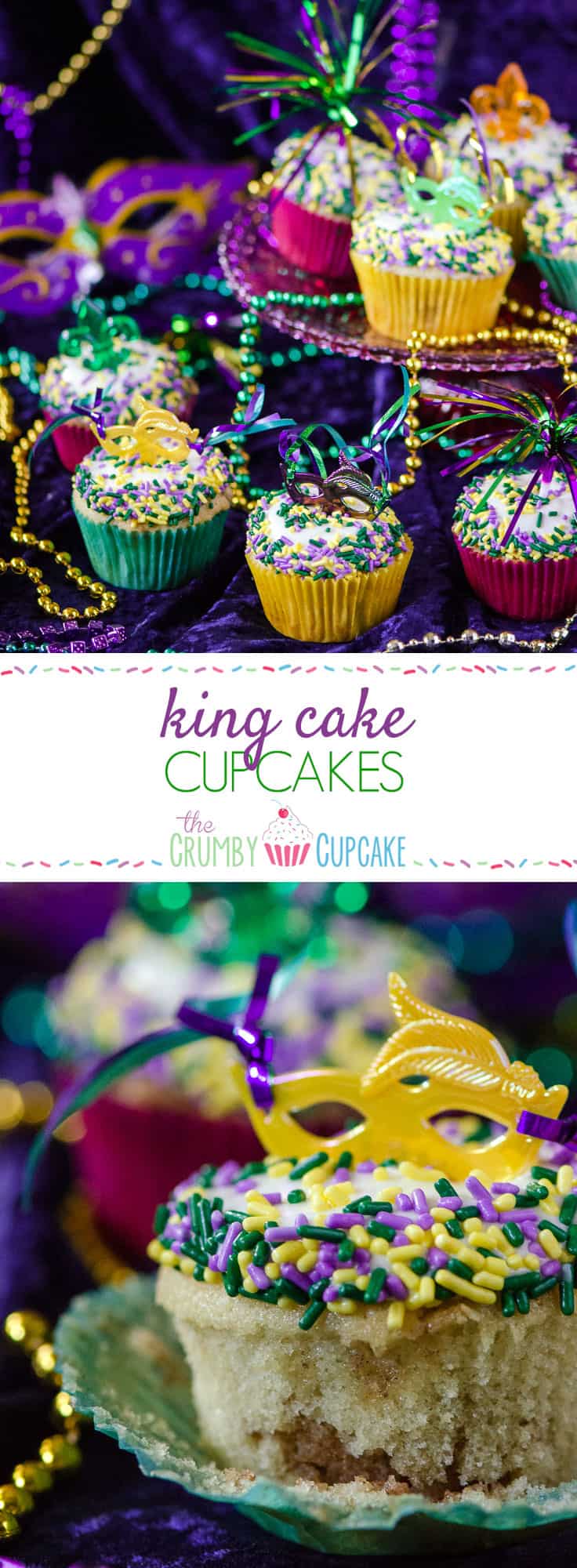 King Cake Cupcakes | Laissez les bons temps rouler! Celebrate Mardi Gras with these fun and festive moist vanilla cupcakes, swirled with cinnamon sugar and topped with cream cheese glaze and festive sprinkles!