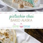 Pistachio Chai Baked Alaska | Pistachio almond ice cream, sandwiched between two layers of vanilla chai cake, all topped with fluffy meringue...and then baked! This old-fashioned dessert is as fun as it is delicious.