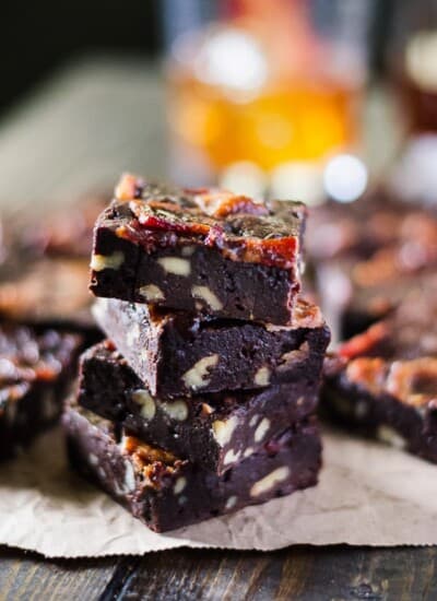 Black Bourbon Walnut Brownies with Maple-Candied Bacon | Dark chocolate, walnuts, and bourbon whiskey come together with maple-candied bacon to create the manliest, most decadent batch of brownies you'll ever eat! They're perfect for the men in your life with both a killer sweet tooth and a fine palate!