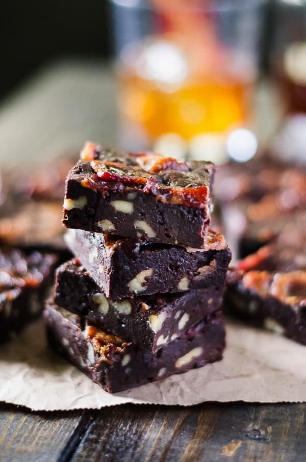 Black bourbon walnut brownies with maple-candied bacon