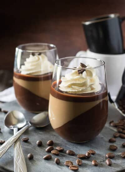 Mocha Panna Cotta with Mascarpone Cream - Layer upon layer of chocolate, coffee, and cream makes for one rich, delicious java dessert that you'll want to share with everyone!