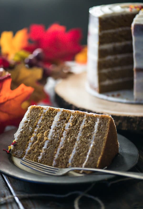 This Pumpkin Layer Cake with Brown Butter Cream Cheese needs to be on your holiday menu! Six layers of super moist spiced pumpkin cake, crowned with the most delicious cream cheese icing imaginable - you'll flip for the flavor!