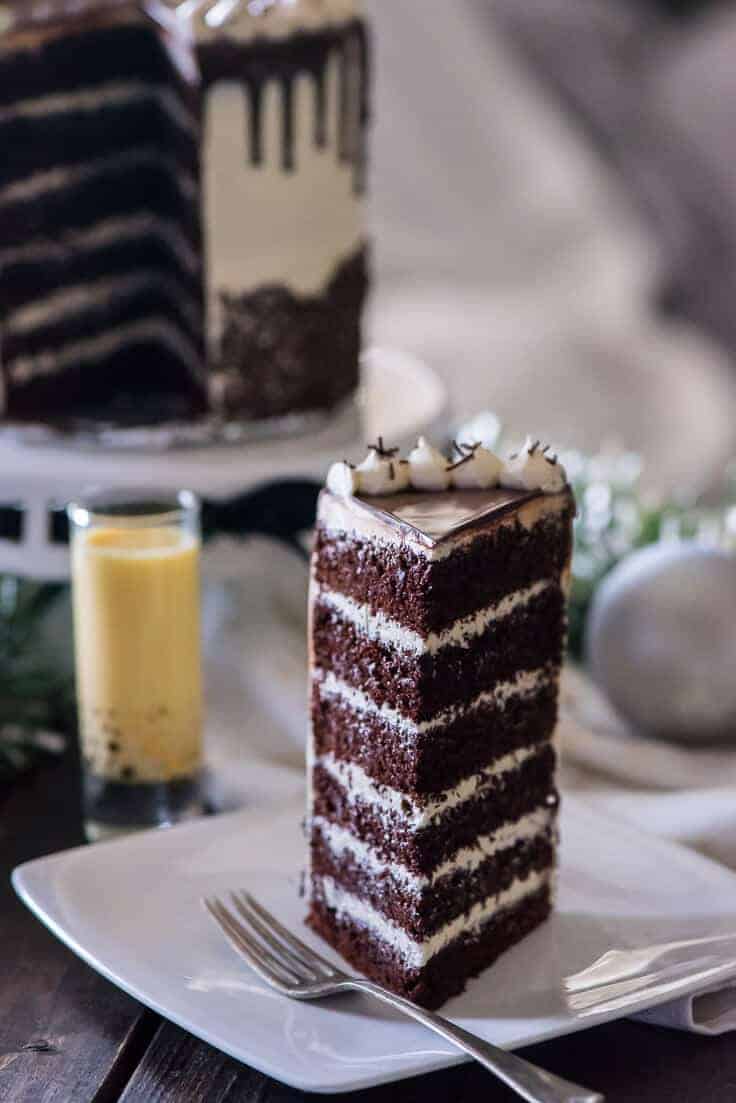 The richest, most non-traditional way to serve eggnog! This Spiced Chocolate Eggnog Cake is infused with the holiday drink and then covered in the creamiest eggnog buttercream you'll ever eat.