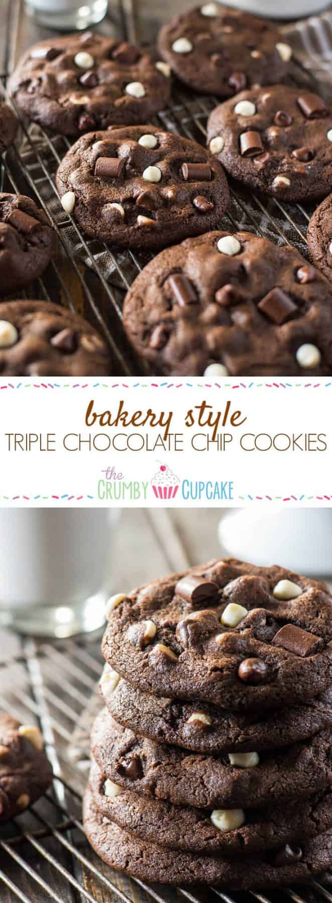 These super soft, extra chewy, totally over-sized Bakery Style Triple Chocolate Chip Cookies are about to become the new best friend to your next glass of milk!