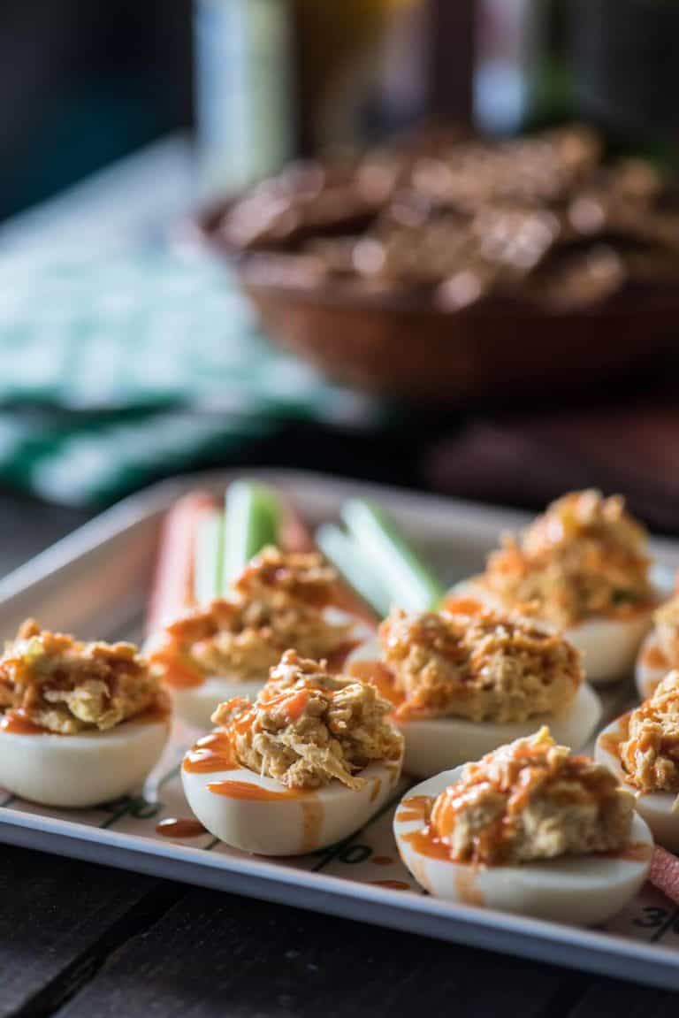 Buffalo Chicken Deviled Eggs • The Crumby Kitchen